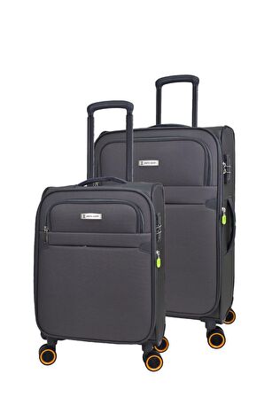 Pierre Cardin Ultra Light Hafif Lüx Kumaş 2'li Valiz Seti Orta Boy - Kabin Boy Gri PC6000