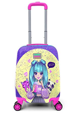 Elatae 4 Tekerlekli Policarbon Kırılmaz Çocuk Valizi Lila Anime Kız Desenli