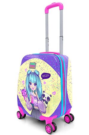 Elatae 4 Tekerlekli Policarbon Kırılmaz Çocuk Valizi Lila Anime Kız Desenli