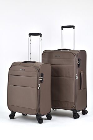 Pierre Cardin Ultra Light Hafif Lüx Kumaş 2'li Valiz Seti Orta Boy - Kabin Boy Kahve PC4200