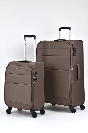Pierre Cardin Ultra Light Hafif Lüx Kumaş 2'li Valiz Seti Büyük Boy - Kabin Boy Kahve PC4200