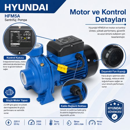 Hyundai HFM5A Elektrikli Su Pompası 2 HP 1.5 kW 485 L/dk 19 m Basma