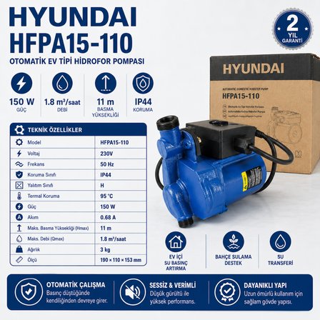 Hyundai HFPA15-110 Otomatik Ev Tipi Hidrofor Pompası 150 W 1.8 m³/saat IP44