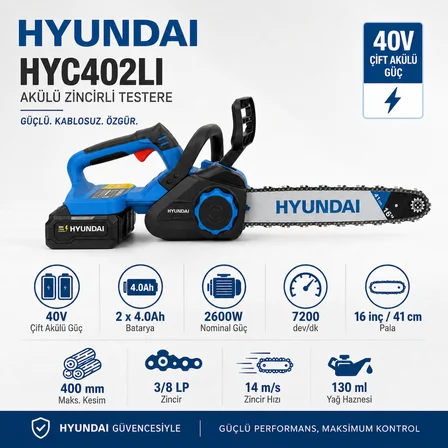 Hyundai HYC402LI 40V Akülü Zincirli Testere 2x4.0Ah Bataryalı 16 İnç 2600W