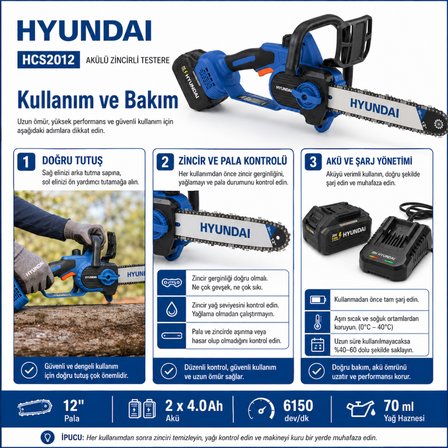 Hyundai HCS2012 21V Akülü Zincirli Testere 2x4.0Ah Bataryalı 12 İnç 700W