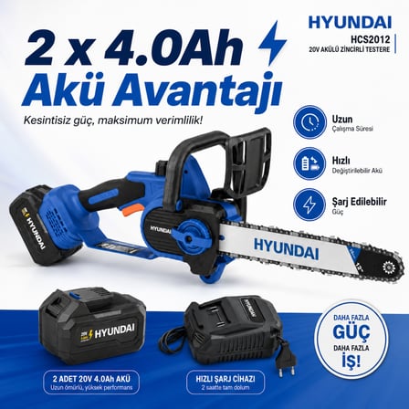 Hyundai HCS2012 21V Akülü Zincirli Testere 2x4.0Ah Bataryalı 12 İnç 700W