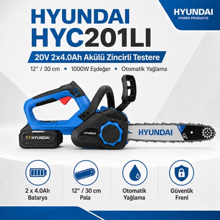 Hyundai HYC201LI 20V Akülü Zincirli Testere 2x4.0Ah Bataryalı 12 İnç