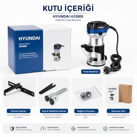 Hyundai H3300X Elektrikli Freze Kenar Düzeltici 710 W 6-8 mm 30000 Devir