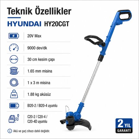 Hyundai HY20CGT 20V Akülü Ot Biçme ve Çim Kenar Kesme Makinesi Akü ve Şarj Cihazı Hariç