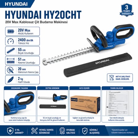 Hyundai HY20CHT 20V Max Akülü Çit Budama Makinesi 55 cm Bıçak 20 mm Kesim Akü ve Şarj Cihazı Hariç