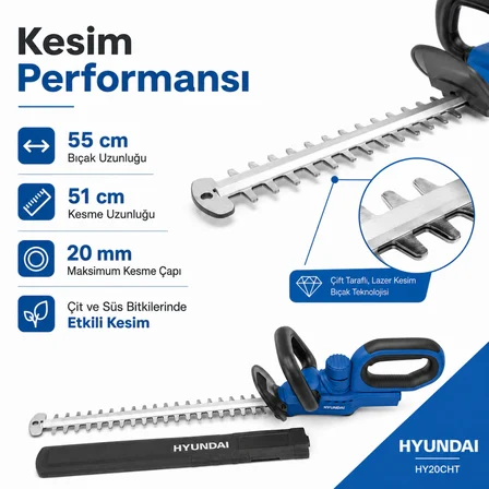 Hyundai HY20CHT 20V Max Akülü Çit Budama Makinesi 55 cm Bıçak 20 mm Kesim Akü ve Şarj Cihazı Hariç