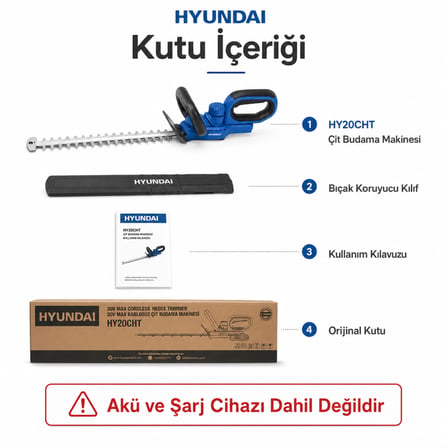 Hyundai HY20CHT 20V Max Akülü Çit Budama Makinesi 55 cm Bıçak 20 mm Kesim Akü ve Şarj Cihazı Hariç