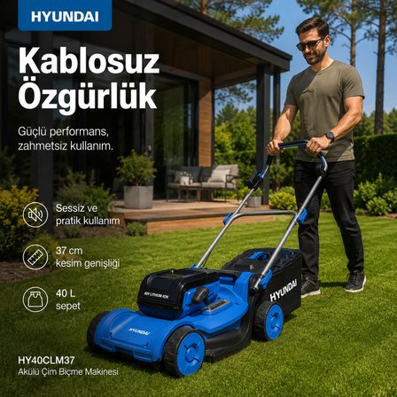 Hyundai HY40CLM37 2x20V Akülü Çim Biçme Makinesi 37 cm Akü ve Şarj Cihazı Hariç
