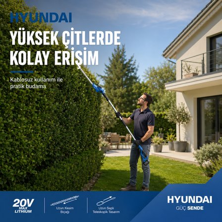 Hyundai HY20CPHT 20V Max Akülü Uzun Saplı Çit Budama Makinesi 16 mm Kesim Akü ve Şarj Cihazı Hariç