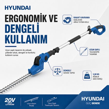 Hyundai HY20CPHT 20V Max Akülü Uzun Saplı Çit Budama Makinesi 16 mm Kesim Akü ve Şarj Cihazı Hariç