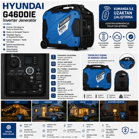 Hyundai G4600iE İnverter Jeneratör 4.2 kW Kumandalı Uzaktan Çalıştırmalı Marşlı Benzinli Jeneratör