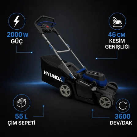 Hyundai C4608A 2000W 46 cm Elektrikli Çim Biçme Makinesi 55 L İtmeli