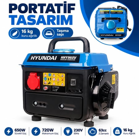 Hyundai HHY960V Benzinli Portatif Jeneratör 650W Sürekli 720W Maksimum 230V