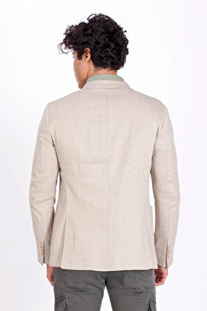 Erkek Bej Blazer Slim Fit Dar Kesim Çizgili Keten Karışımlı Ceket  4869