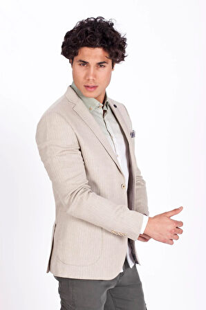 Erkek Bej Blazer Slim Fit Dar Kesim Çizgili Keten Karışımlı Ceket  4869