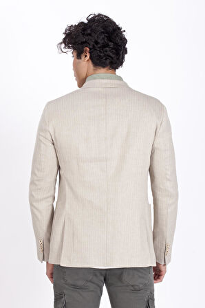 Erkek Bej Blazer Slim Fit Dar Kesim Çizgili Keten Karışımlı Ceket  4869