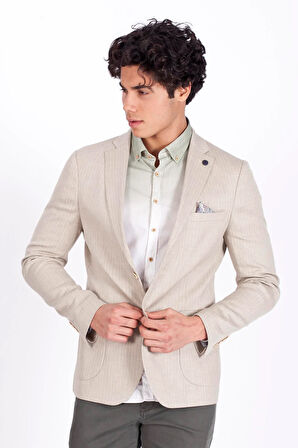 Erkek Bej Blazer Slim Fit Dar Kesim Çizgili Keten Karışımlı Ceket  4869