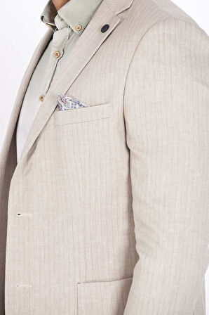 Erkek Bej Blazer Slim Fit Dar Kesim Çizgili Keten Karışımlı Ceket  4869
