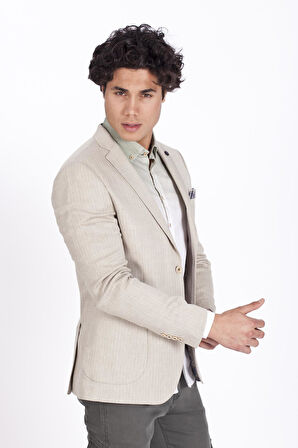 Erkek Bej Blazer Slim Fit Dar Kesim Çizgili Keten Karışımlı Ceket  4869