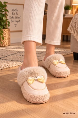 Kadın Peluş Ev Terliği Fiyonklu Yumuşak Tabanlı Sıcak Kışlık Ev Ayakkabısı – Pembe**