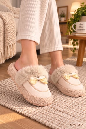 Kadın Peluş Ev Terliği Fiyonklu Yumuşak Tabanlı Sıcak Kışlık Ev Ayakkabısı – Pembe**