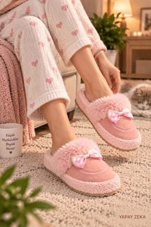 Kadın Peluş Ev Terliği Fiyonklu Yumuşak Tabanlı Sıcak Kışlık Ev Ayakkabısı – Pembe**
