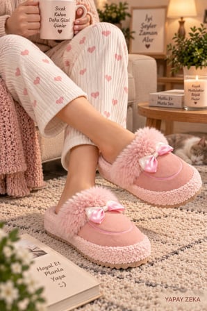 Kadın Peluş Ev Terliği Fiyonklu Yumuşak Tabanlı Sıcak Kışlık Ev Ayakkabısı – Pembe**