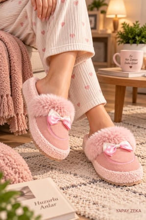 Kadın Peluş Ev Terliği Fiyonklu Yumuşak Tabanlı Sıcak Kışlık Ev Ayakkabısı – Pembe**
