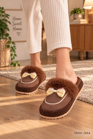 Kadın Peluş Ev Terliği Fiyonklu Yumuşak Tabanlı Sıcak Kışlık Ev Terliği