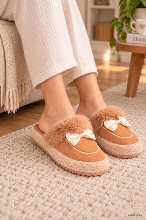 Kadın Peluş Ev Terliği Fiyonklu Yumuşak Tabanlı Sıcak Kışlık Ev Ayakkabısı – Pembe**