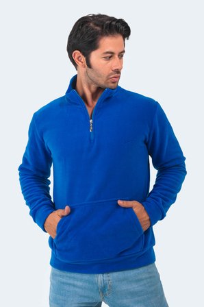 Slazenger SOLID IN Erkek Fermuarlı Dik Yaka Cepli Saks Mavi Polar
