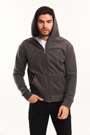 Slazenger SAMSON IN Erkek Fermuarlı Kapüşonlu Cepli Koyu Gri Polar