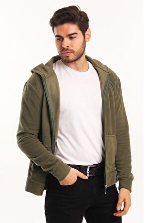 Slazenger SAMSON IN Erkek Fermuarlı Kapüşonlu Cepli Haki Polar