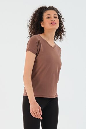 Slazenger PLAY Kadın V Yaka Kahve Tişört