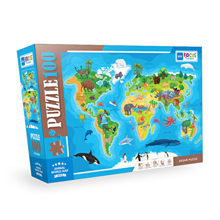 Blue Focus Animal World Map 6+ Yaş Büyük Boy Puzzle 100 Parça