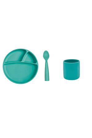 3 Lü Silikon Yemek Seti Yeşil(silikon Tabak + Bardak + Kaşık )