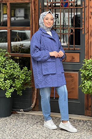 İNVEE  6913S Oversıze Kadın Kapitone Mont Saks Mavi