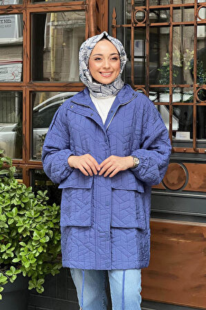 İNVEE  6913S Oversıze Kadın Kapitone Mont Saks Mavi