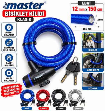Master Bisiklet Kilidi Extra Sağlam Kilit 12 mm X 150 Cm Karışık Renk Gönderilir