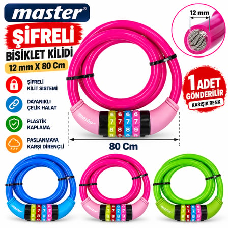 Master Bisiklet Kilidi Extra Sağlam Kilit 12 mm X 150 Cm Karışık Renk Gönderilir
