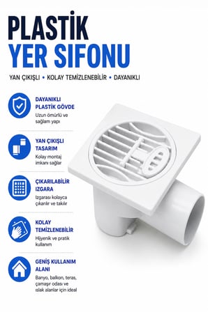 Plastik Yer Sifonu Yan Çıkışlı Çıkarılabilir Izgaralı Kolay Temizlenebilir Banyo Balkon ve Teras Gider Sifonu