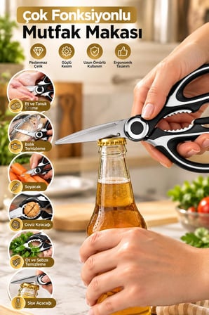 Porsima Pbt-934 Çok Fonksiyonlu Paslanmaz Çelik Mutfak Makası 20 Cm - Koruyucu Kılıflı Et, Tavuk, Balık Kesme & Ceviz Kıracaklı Mutfak Makası