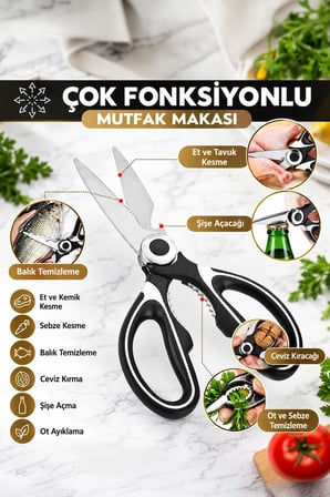 Porsima Pbt-934 Çok Fonksiyonlu Paslanmaz Çelik Mutfak Makası 20 Cm - Koruyucu Kılıflı Et, Tavuk, Balık Kesme & Ceviz Kıracaklı Mutfak Makası