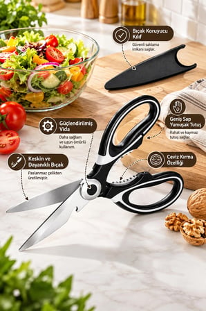Porsima Pbt-934 Çok Fonksiyonlu Paslanmaz Çelik Mutfak Makası 20 Cm - Koruyucu Kılıflı Et, Tavuk, Balık Kesme & Ceviz Kıracaklı Mutfak Makası