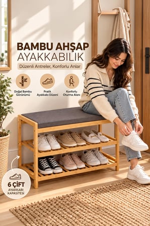 Porsima Pbt-875 Minderli Bambu Ahşap Ayakkabılık 69 Cm - 2 Raflı Oturaklı Antre Pufu & Ayakkabı Düzenleyici Raflık (6 Çift Kapasiteli)
